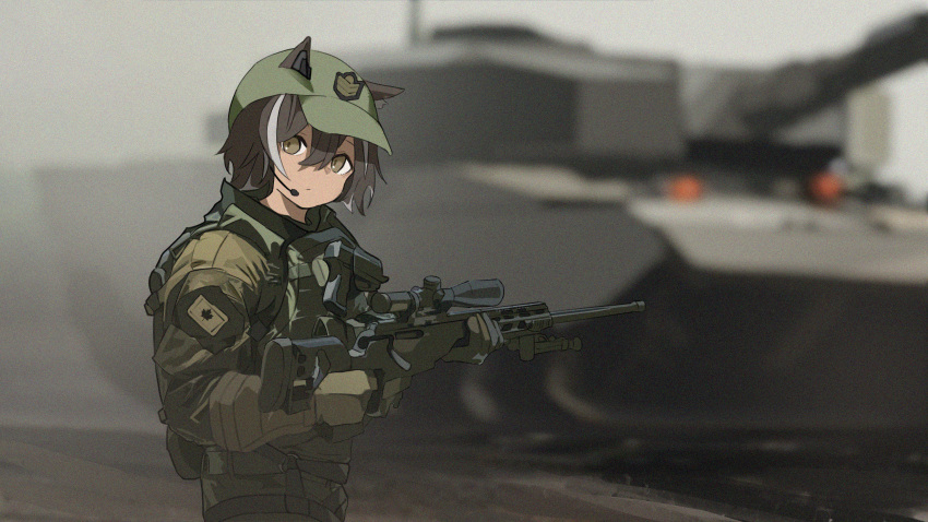 1girl, absurdres, animal_ears, baseball_cap, bipod, blurry, blurry_background, bolt_action