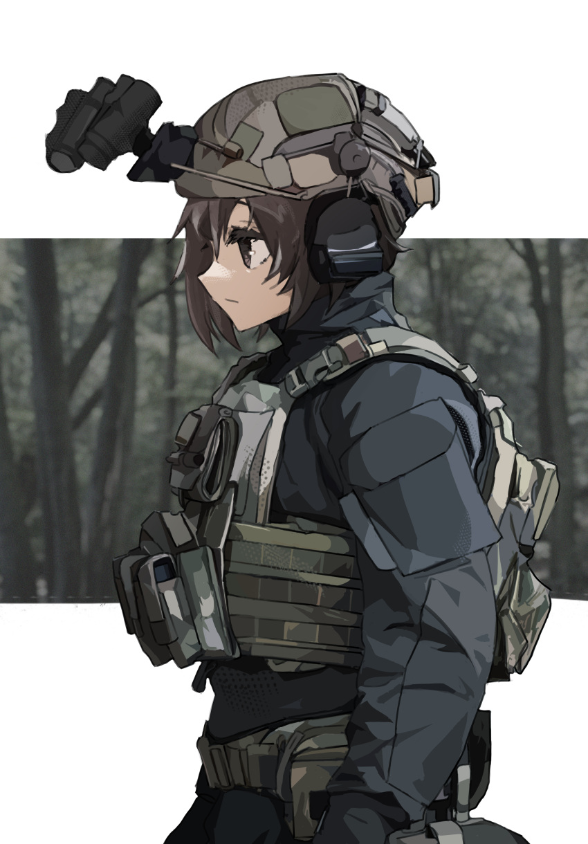 1girl, absurdres, bangs, belt, black_gloves, blue_jacket, brown_eyes, brown_hair, closed_mouth, dmj_neco, forest, from_side, gloves, headset, helmet, highres, jacket, load_bearing_vest, molle_vest, nature, night_vision_device, original, pouch, short_hair, tactical_clothes, tree, turtleneck, turtleneck_jacket, upper_body