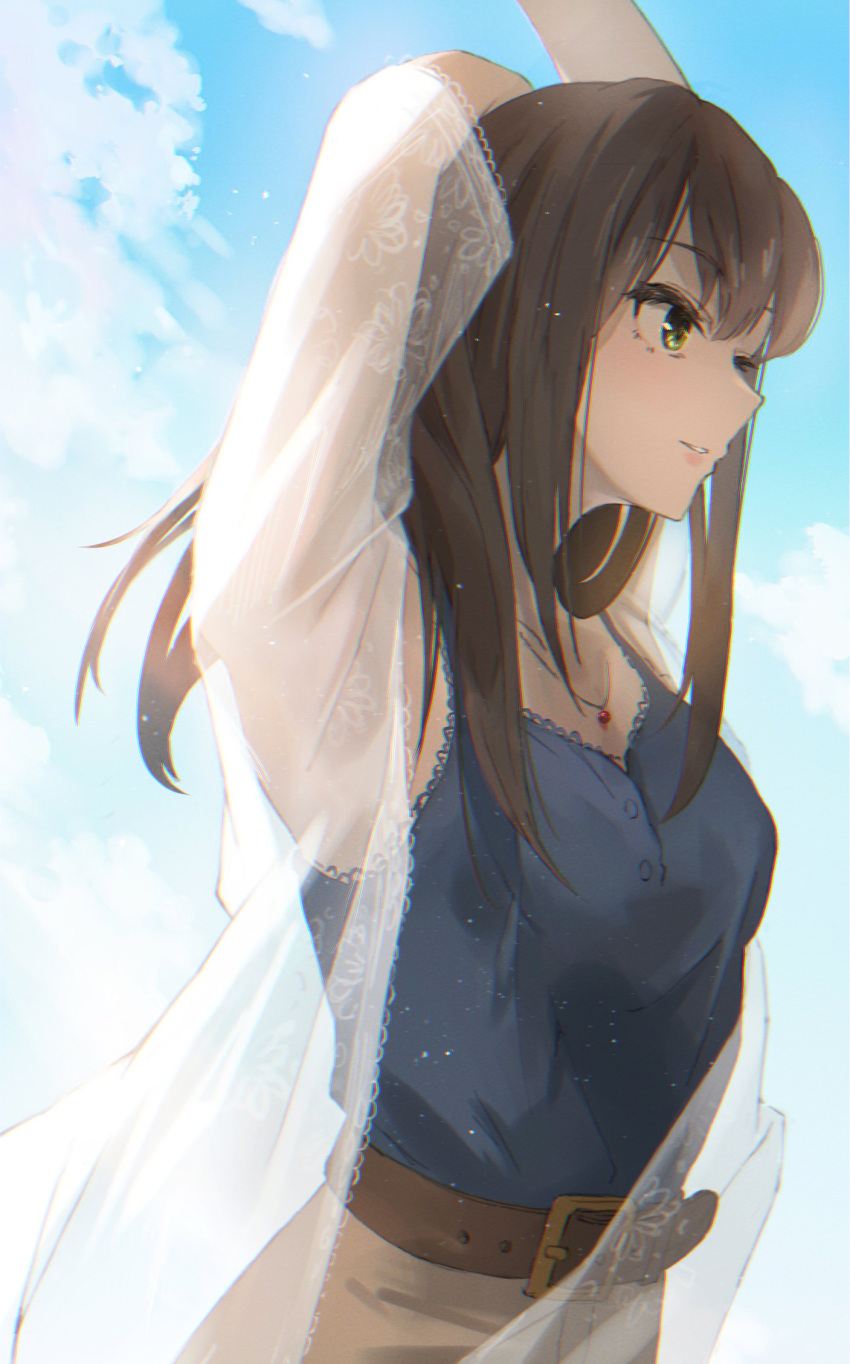 1girl, arm_behind_head, armpits, arms_up, belt, blue_sky, blue_tank_top, brown_hair
