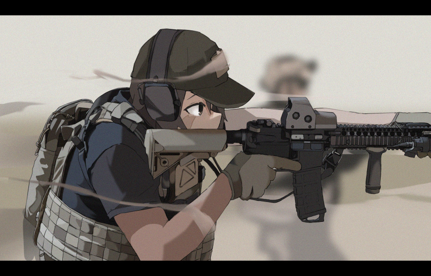 1girl, 1other, absurdres, aiming, assault_rifle, baseball_cap, blue_shirt, blurry