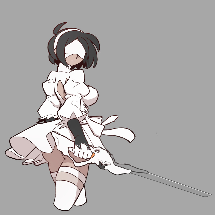 1girl, absurdres, ahoge, black_hair, blindfold, breasts, dark-skinned_female, dark_skin