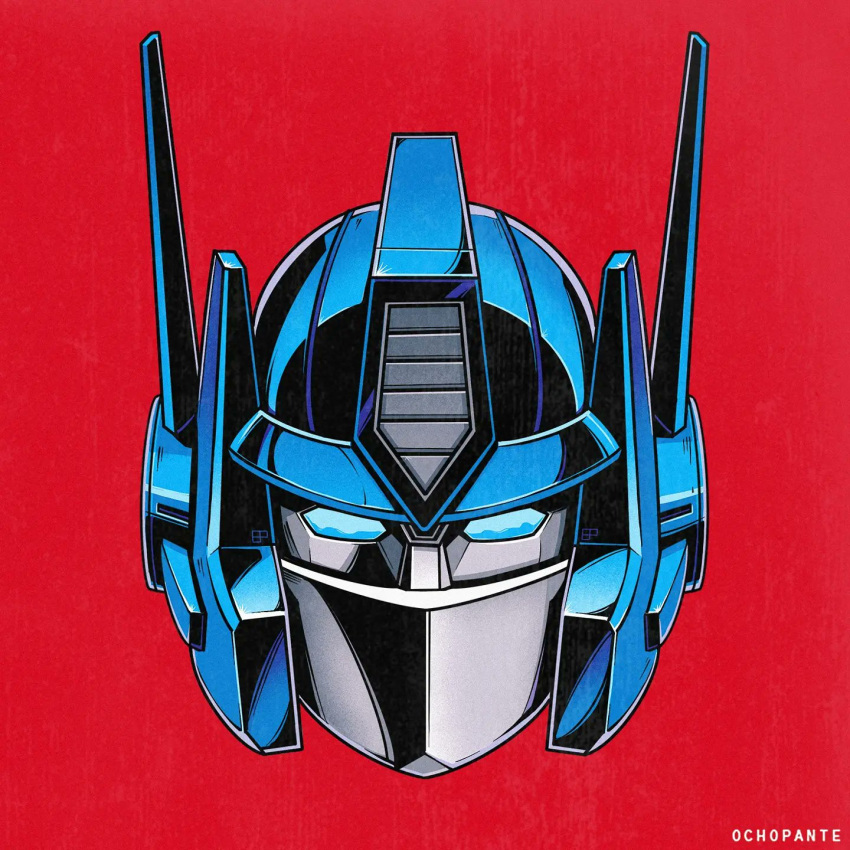 1980s_(style), artist_name, autobot, blue_eyes, english_commentary, head_only, highres, looking_at_viewer, mecha, no_humans, ochopante, optimus_prime, red_background, retro_artstyle, science_fiction, solo, transformers