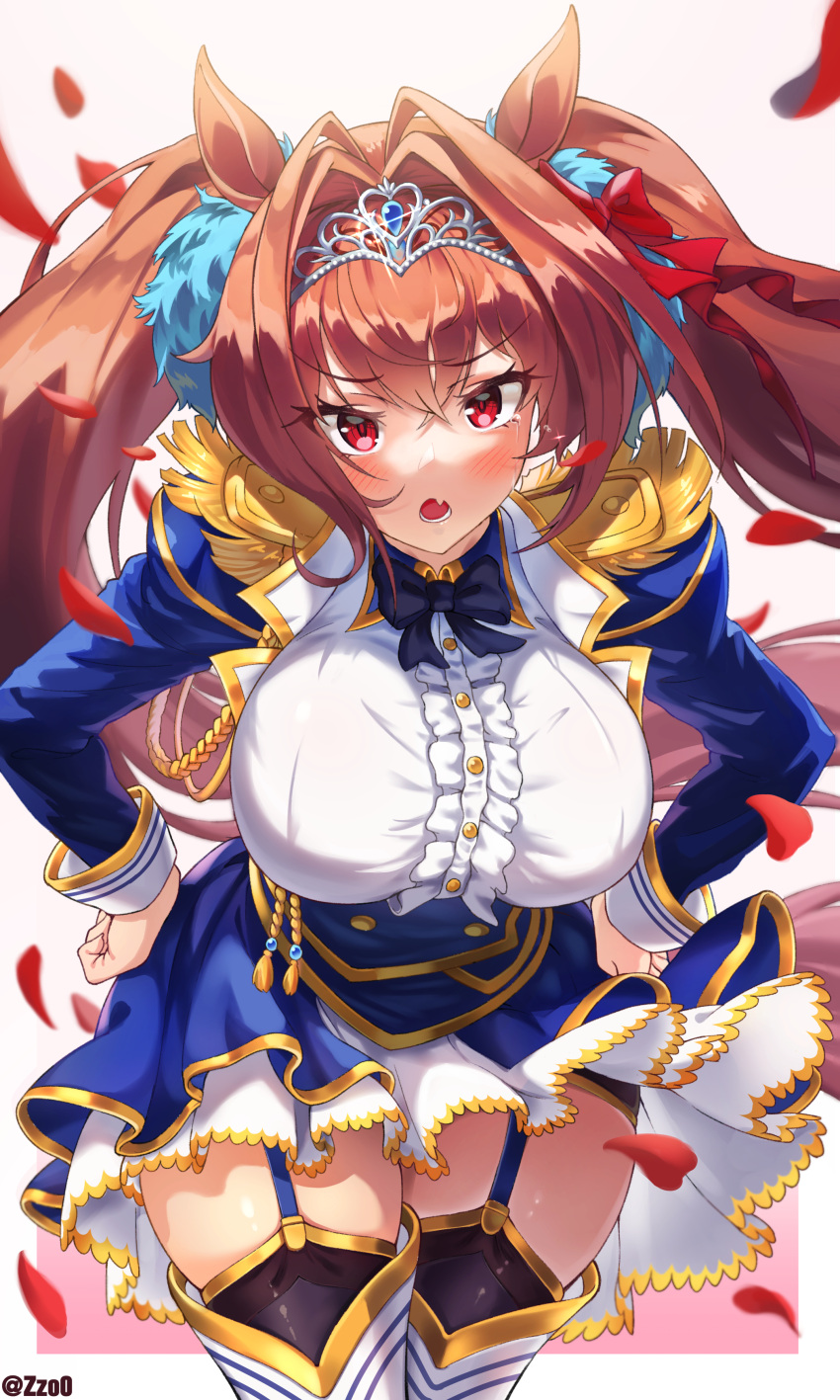 1girl, absurdres, animal_ears, blue_dress, blush, bow, bowtie, breasts