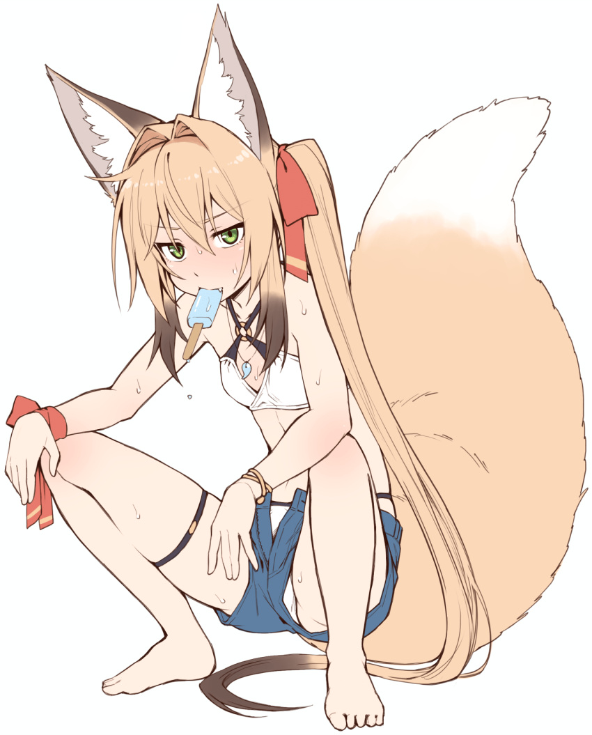 1girl, animal_ears, bangs, barefoot, bikini, bikini_under_clothes, blonde_hair, blue_shorts