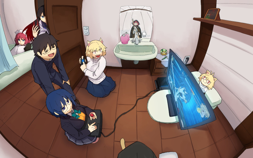 +_+, 1boy, 5girls, =_=, absurdres, alternate_costume, animal_ear_fluff, animal_ears, arcade_stick, arcueid_brunestud, bathroom, bathtub, beffen_m, black_hair, blazer, blonde_hair, blue_eyes, blue_hair, blue_skirt, breasts, broom, cat_ears, ciel_(tsukihime), cloak, controller, dualsense, english_commentary, fangs, female_pov, fisheye, gakuran, game_controller, gamepad, glasses, grey_skirt, grin, highres, hisui_(tsukihime), holding, holding_broom, hood, hooded_cloak, hugging_own_legs, jacket, joystick, kemonomimi_mode, knee_boobs, kohaku_(tsukihime), large_breasts, long_hair, maid, maid_headdress, medium_breasts, melty_blood, melty_blood:_type_lumina, meme, mirror, monitor, multicolored_hair, multiple_girls, nasu_kinoko, nekoarc, open_door, pantyhose, peeking, pink_hair, playing_games, playstation_5, playstation_controller, pov, red_eyes, redhead, sad, school_uniform, seiza, short_hair, sitting, skirt, slit_pupils, smile, sweater, tile_floor, tiles, tohno_akiha, tohno_shiki, toilet, tsukihime, tsukihime_(remake), turtleneck, turtleneck_sweater, two-tone_hair, vermillion_akiha, white_sweater