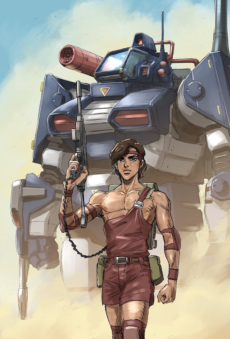 1boy, brown_hair, canopy_(aircraft), clenched_hand, crinn_cashim, dark-skinned_male, dark_skin, dougram, get_truth:_taiyou_no_kiba_dougram, gun, headband, holding, holding_gun, holding_weapon, male_focus, mecha, official_art, ohtagaki_yasuo, pectorals, red_headband, science_fiction, shoulder_cannon, taiyou_no_kiba_dougram, weapon