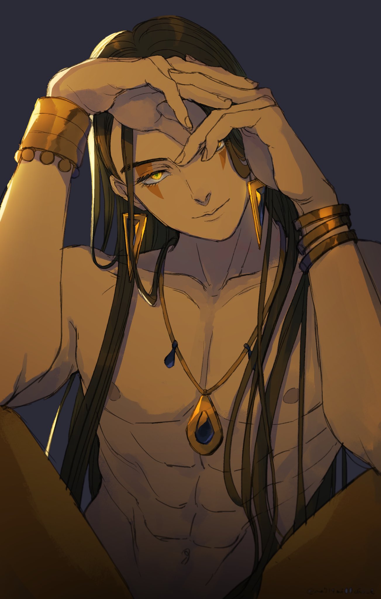 1boy, abs, black_hair, bracelet, earrings, hands_up, highres, jewelry, jyaco7777, lanxi_zhen, long_hair, looking_at_viewer, male_focus, muscular, muscular_male, naga_(the_legend_of_luoxiaohei), necklace, nipples, smile, solo, the_legend_of_luo_xiaohei, topless_male, yellow_eyes