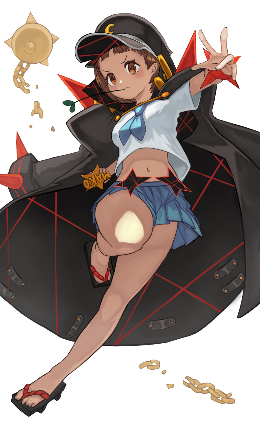 1girl, absurdres, ball_and_chain_(weapon), bangs, black_coat, blue_sailor_collar, blunt_bangs, bob_cut, brass_knuckles, brown_eyes, brown_hair, coat, crescent, crescent_hat_ornament, hat_ornament, highres, jacket, jeon_yong_ileum, kill_la_kill, knee_up, looking_at_viewer, mankanshoku_mako, midriff_peek, mouth_hold, navel, open_clothes, open_coat, outstretched_arm, pleated_skirt, sailor_collar, school_uniform, serafuku, short_sleeves, simple_background, skirt, solo, stalk_in_mouth, uniform, weapon, white_background