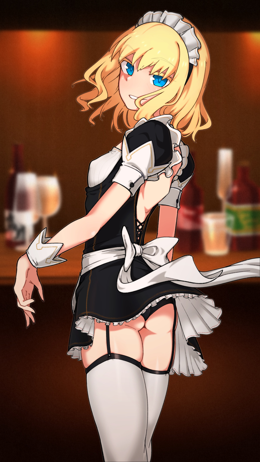 1girl, absurdres, alcohol, alternate_costume, apron, ass, back_cutout, bangs