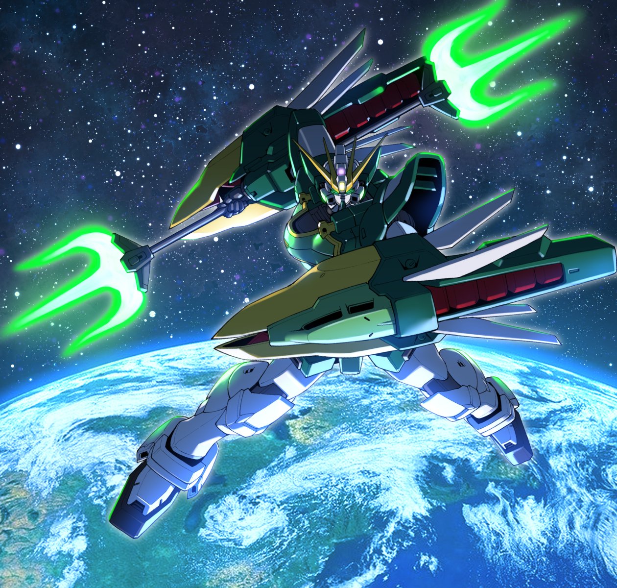 altron_gundam, earth_(planet), green_eyes, gundam, gundam_wing, gundam_wing_endless_waltz, highres, holding