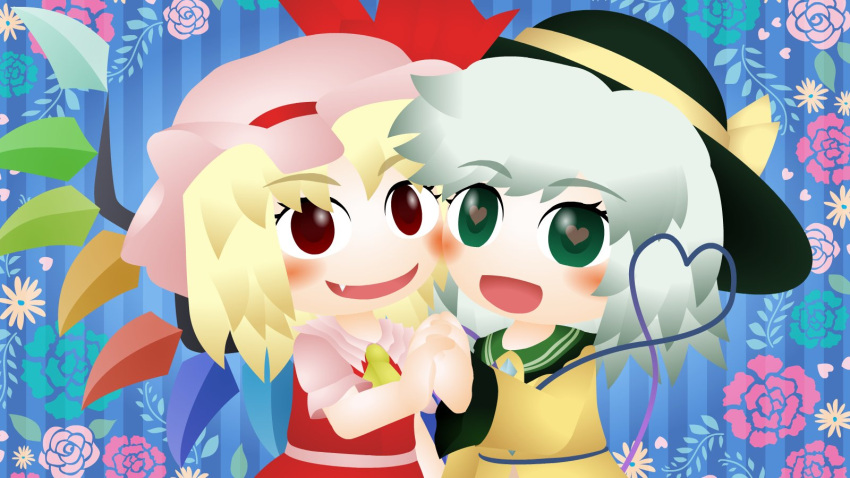 blush, flandre_scarlet, flower, hat, heart, heart-shaped_pupils, heart_of_string, highres