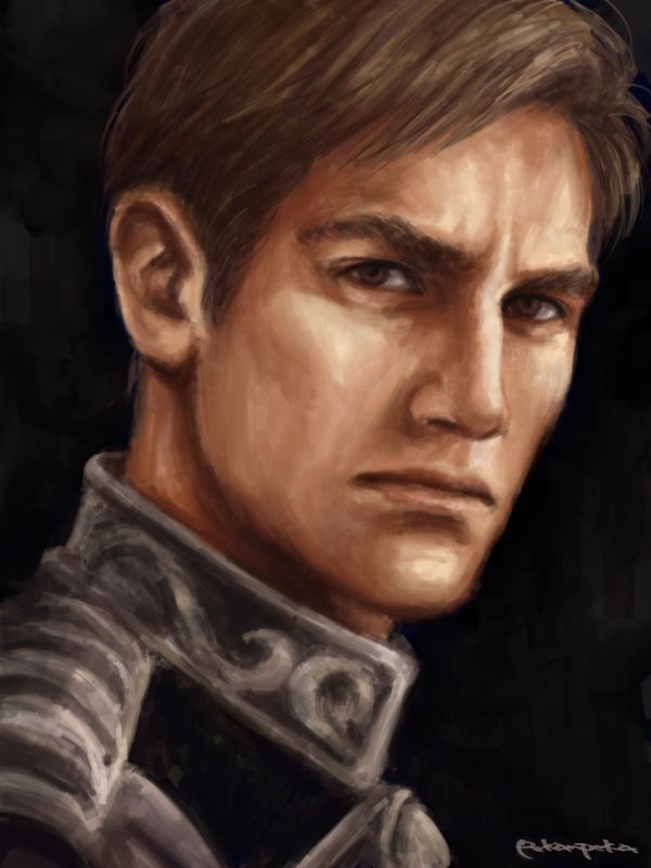 1boy, black_background, brown_eyes, cornelius_lutz, face, ginga_eiyuu_densetsu, light_brown_hair, male_focus