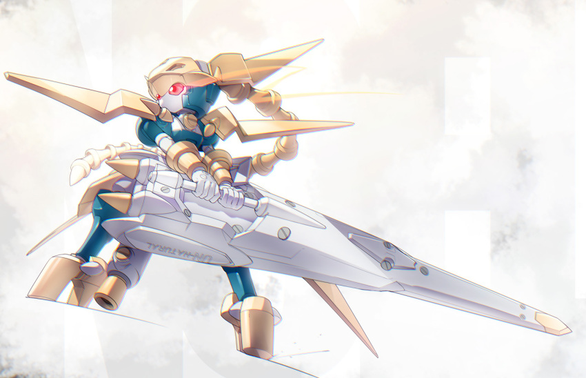 character_request, eye_trail, glowing, glowing_eye, holding, holding_weapon, humanoid_robot, looking_ahead