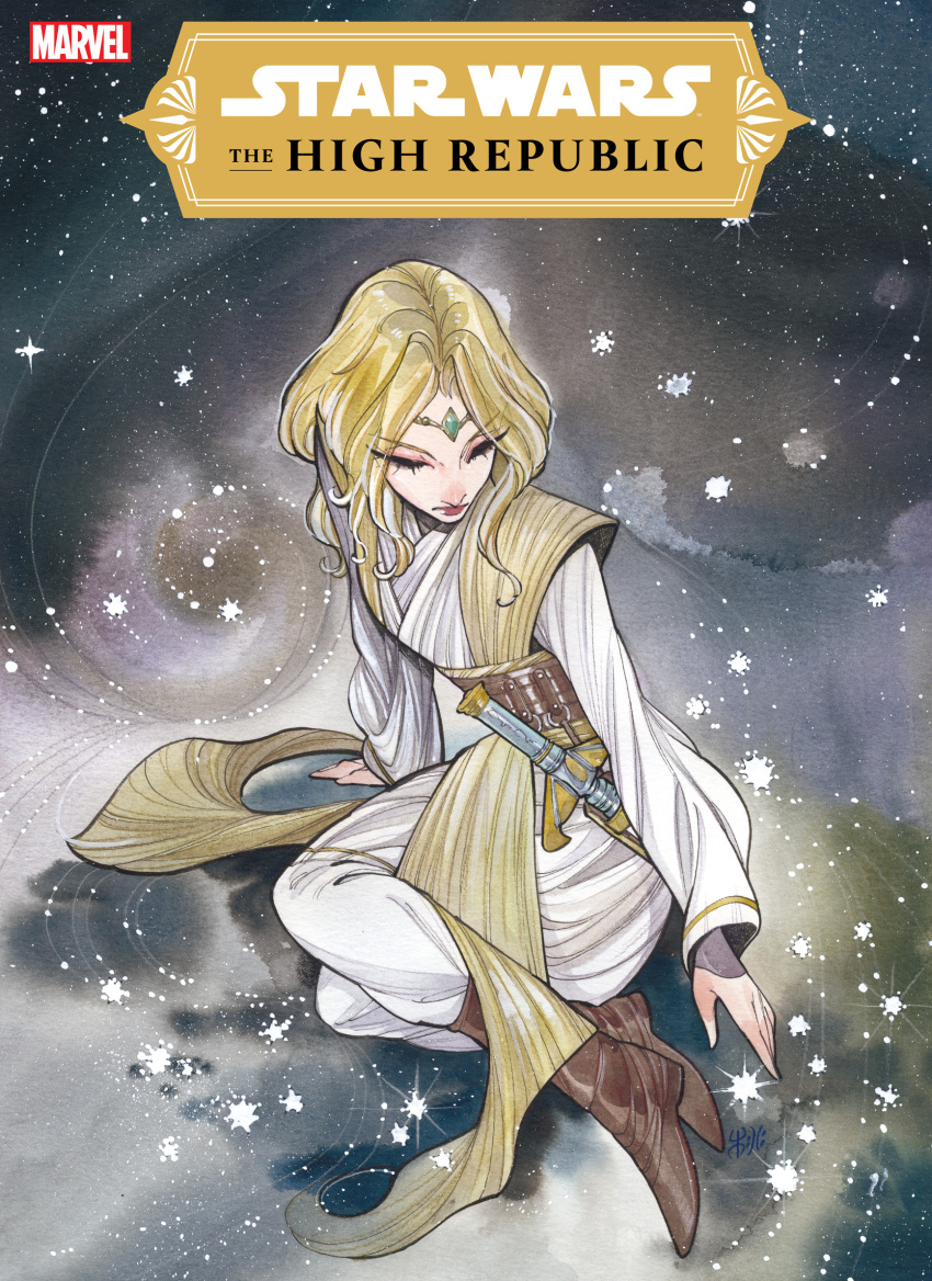 1girl, avar_kriss, bangs, blonde_hair, comic_cover, copyright_name, cover, cover_page, energy_sword, english_commentary, facing_down, flat_chest, headband, highres, jedi, lightsaber, marvel, official_art, open_hand, parted_bangs, peach_momoko, robe, sheath, sheathed, sitting, solo, star_(sky), star_wars, star_wars:_the_high_republic, sword, weapon