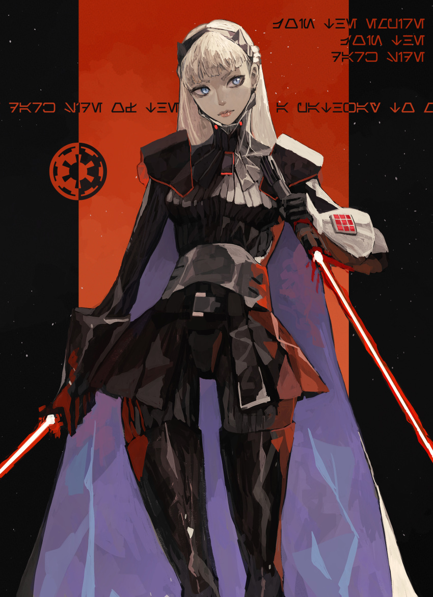 1girl, absurdres, am_(star_wars), bangs, black_footwear, black_hairband, black_skirt, blonde_hair