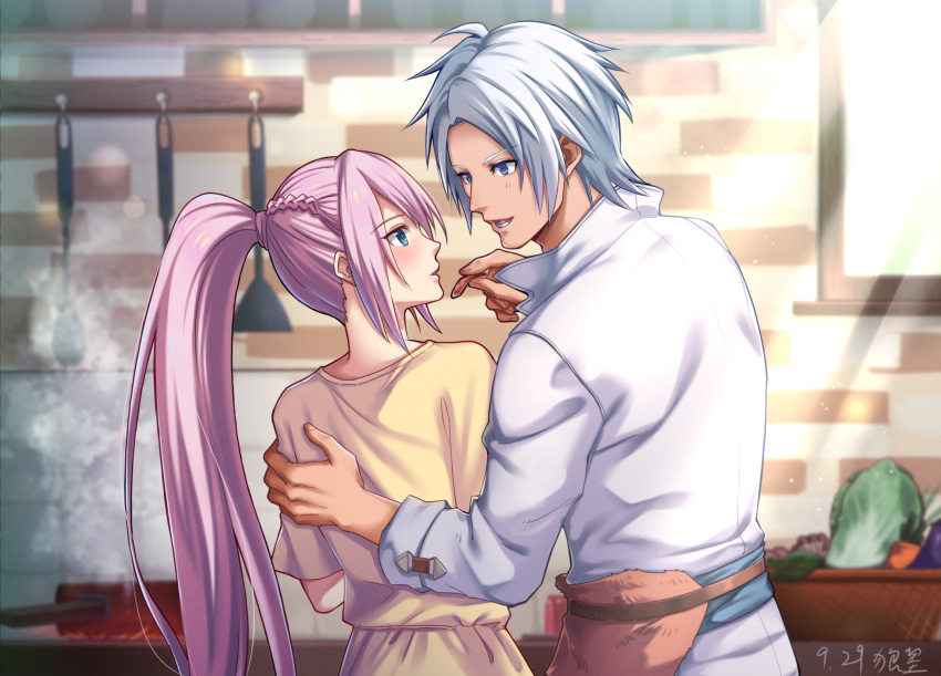 1boy, 1girl, alphen_(tales), bangs, belt, blue_eyes, blurry, blush