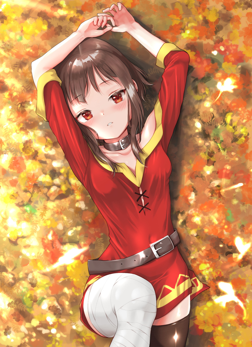 1girl, arms_up, autumn_leaves, bandaged_leg, bandages, bangs, bare_shoulders, belt