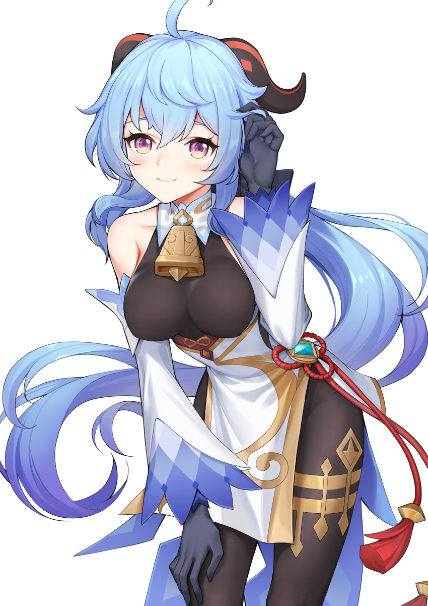 absurdres, ahoge, bangs, bare_shoulders, bell, bent_over, black_gloves, black_legwear, blue_hair, blush, breasts, chinese_knot, cowboy_shot, cube_981, curled_horns, detached_sleeves, ganyu_(genshin_impact), genshin_impact, gloves, gold_trim, hair_tucking, hand_in_hair, hand_on_own_knee, highres, horns, leaning, leaning_forward, long_hair, looking_at_viewer, medium_breasts, multicolored, multicolored_eyes, neck_bell, sidelocks, smile, solo, tassel, thighlet, very_long_hair, vision_(genshin_impact), white_background, white_sleeves