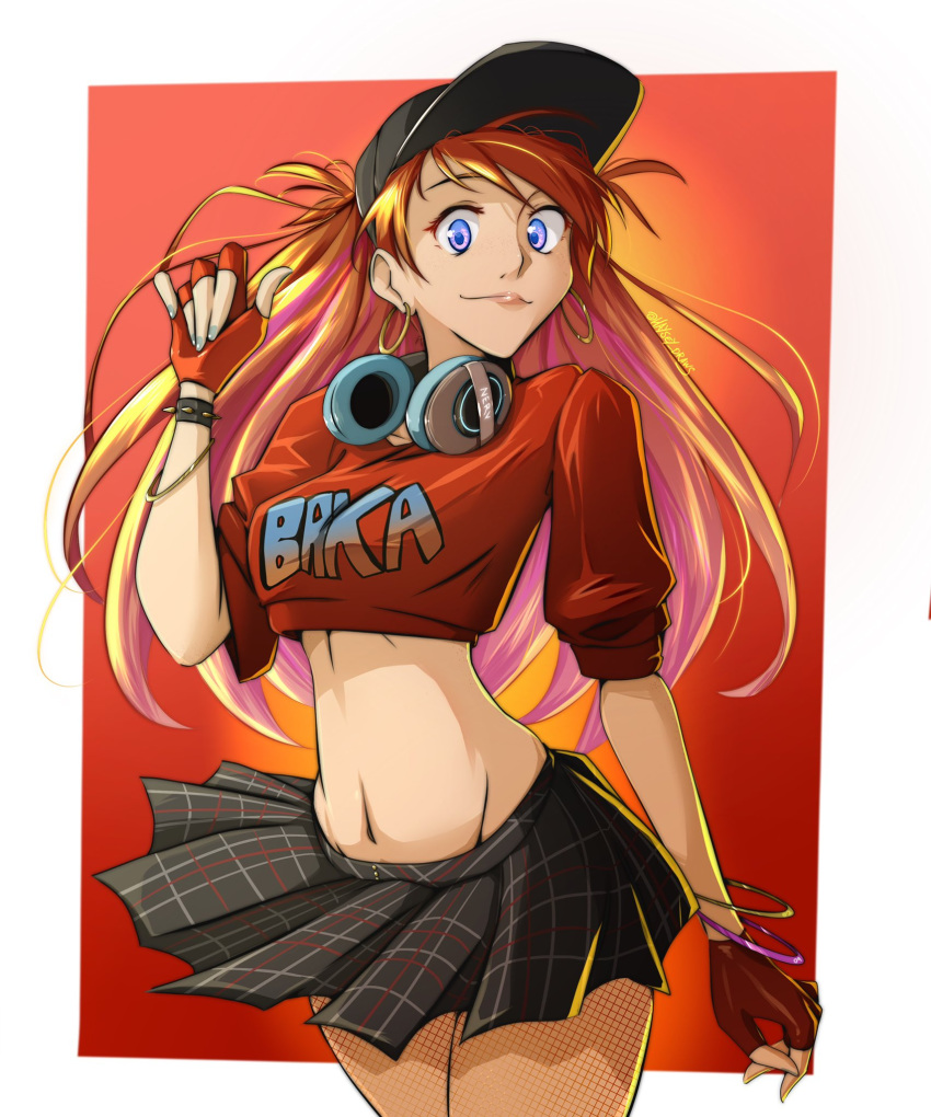1girl, artist_name, baseball_cap, blue_eyes, cosplay, earrings, fingerless_gloves, gloves