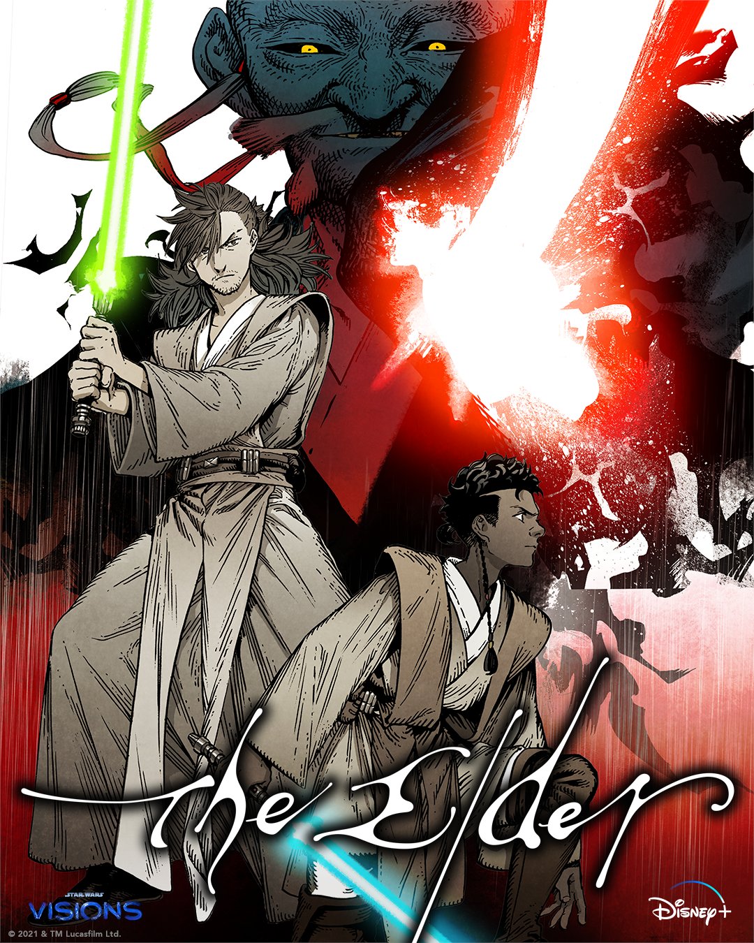 3boys, bald, bangs, black_hair, black_sclera, braid, braided_ponytail, brown_eyes, brown_hair, colored_sclera, dan_g'vash, dark-skinned_male, dark_skin, disney, energy_sword, english_commentary, facial_hair, hair_over_one_eye, highres, holding, holding_sword, holding_weapon, jedi, lightsaber, multiple_boys, mustache, official_art, old, old_man, promotional_art, robe, sith, smile, star_wars, star_wars:_visions, stubble, sword, tajin_crosser, the_elder_(star_wars:_visions), v-shaped_eyebrows, weapon, yellow_eyes