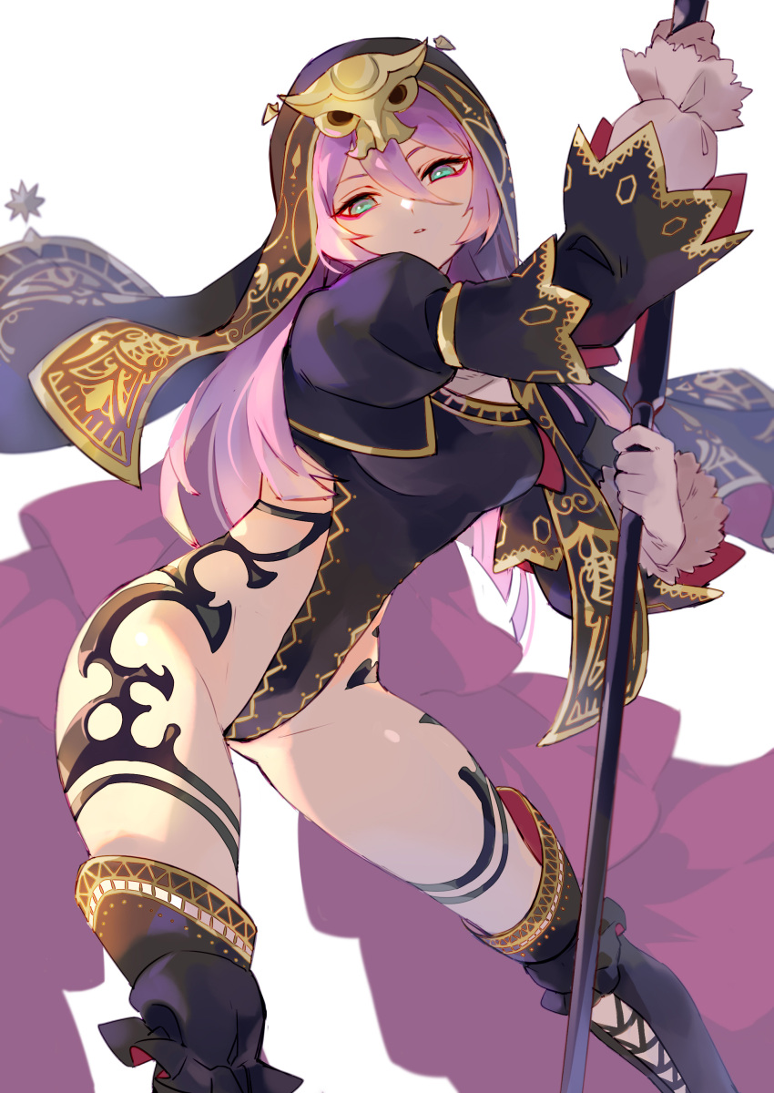 1girl, absurdres, arched_back, black_footwear, black_leotard, body_markings, boots, breasts