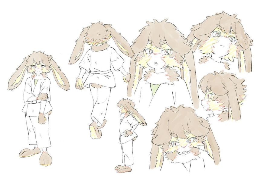 1girl, alien, animal_ears, bangs, brown_hair, character_sheet, concept_art, fur