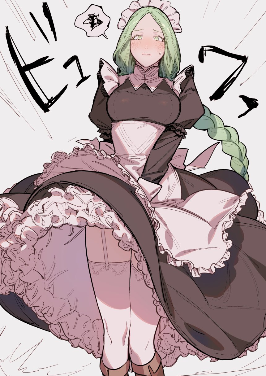 1girl, alternate_costume, apron, black_dress, blush, boots, braid, breasts, brown_footwear, clothes_lift, dress, dress_lift, enmaided, fire_emblem, fire_emblem:_three_houses, frilled_apron, frilled_dress, frills, garter_straps, green_eyes, green_hair, highres, ikarin, large_breasts, long_hair, long_sleeves, maid, maid_headdress, nose_blush, puffy_long_sleeves, puffy_sleeves, rhea_(fire_emblem), single_braid, solo, spoken_squiggle, squiggle, sweat, thigh-highs, very_long_hair, white_apron, white_legwear, wind, wind_lift