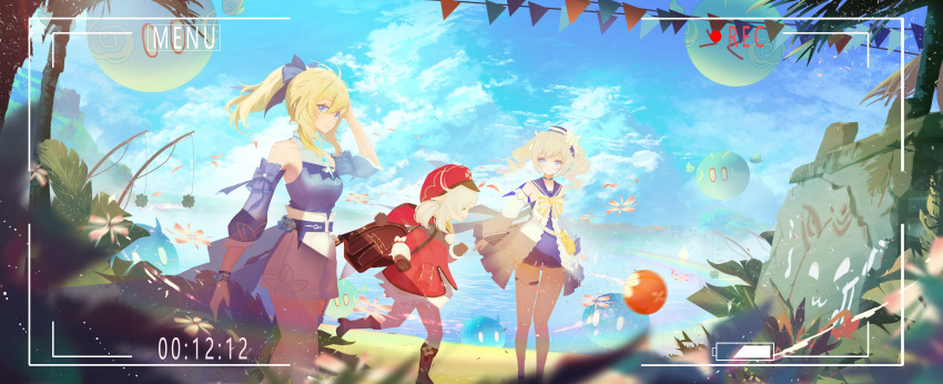 >_<, 3girls, :d, absurdres, adjusting_hair, ahoge, backpack, bag