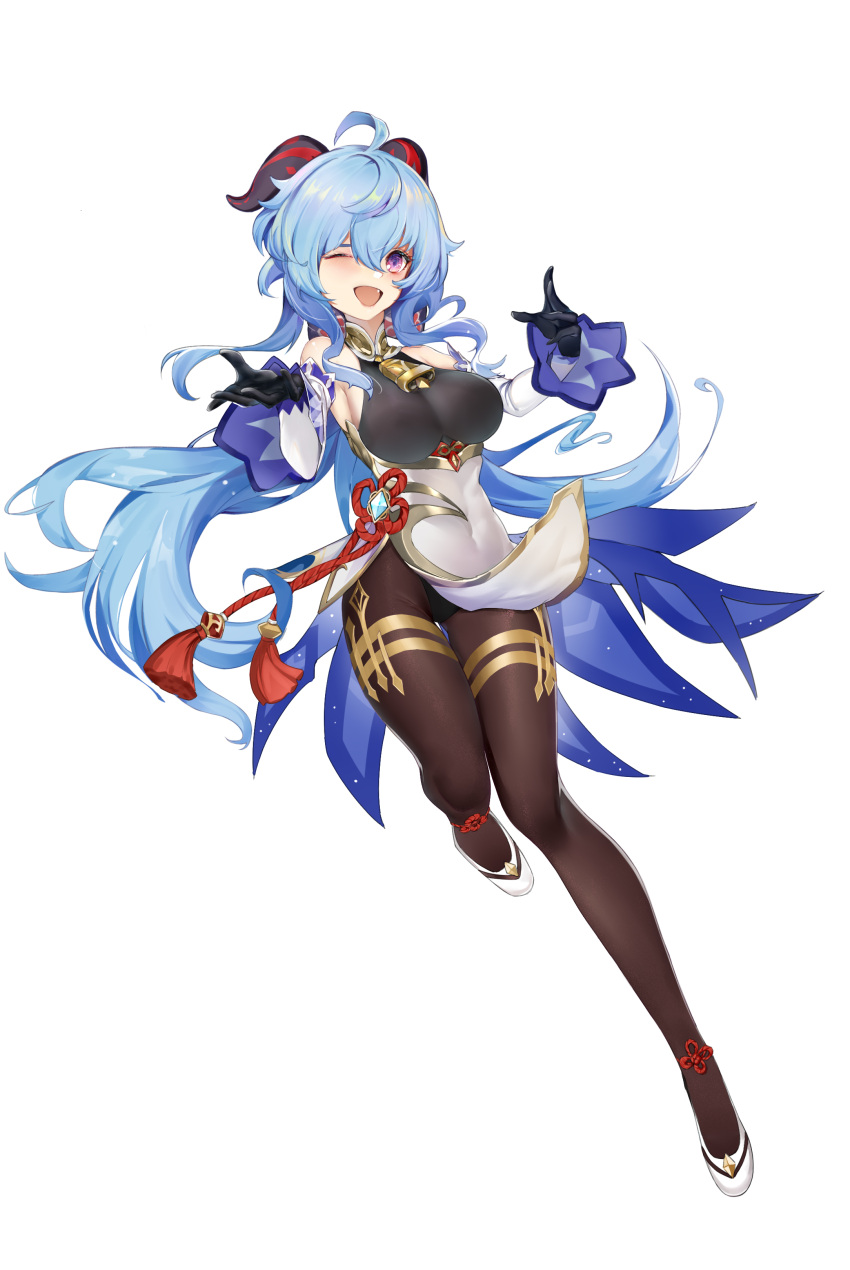absurdres, ahoge, bangs, bare_shoulders, bell, black_gloves, blue_hair, breasts
