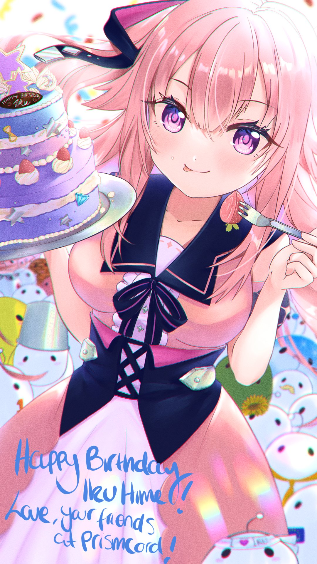 1girl, bangs, black_corset, black_ribbon, breasts, cake, character_name, collarbone