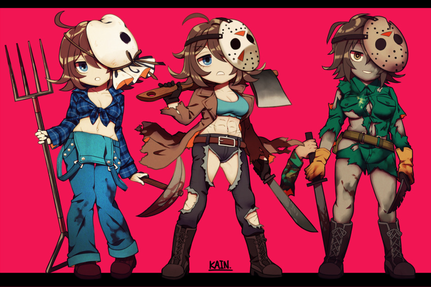 1girl, :o, abs, ahoge, axe, bag_over_head, bishoujo_terror, blood