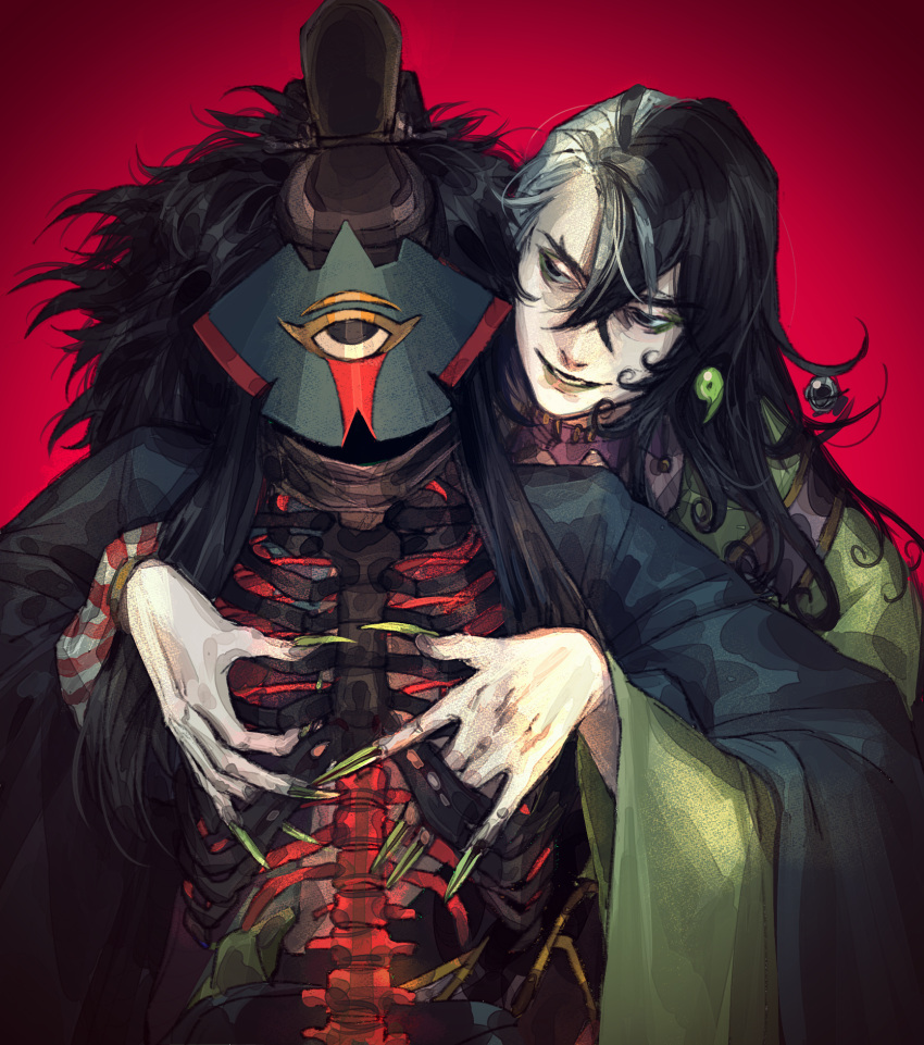 1boy, 1other, akimitsu-dono, ashiya_douman_(fate), asymmetrical_hair, bell, black_eyes, black_hair, black_robe, curly_hair, earrings, eyeshadow, fate/grand_order, fate_(series), fingernails, glowing, green_eyeshadow, green_kimono, green_nails, groping, hair_bell, hair_between_eyes, hair_intakes, hair_ornament, highres, japanese_clothes, jewelry, kimono, long_hair, magatama, magatama_earrings, makeup, male_focus, messy_hair, monster, multicolored_hair, noka_(noka8103), sharp_fingernails, shikigami, skeleton, smile, spine, two-tone_hair, upper_body, very_long_fingernails, very_long_hair, white_hair