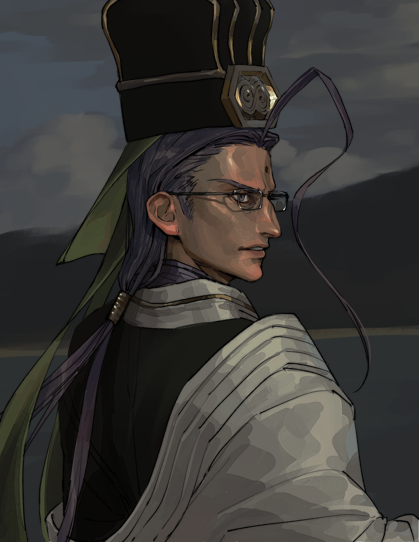 1boy, ahoge, chen_gong_(fate), chinese_clothes, chinese_hat, dark-skinned_male, dark_skin, facial_mark