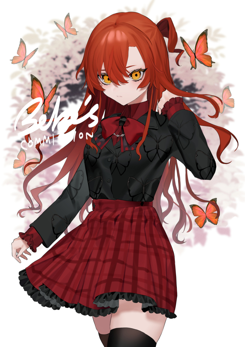 1girl, artist_name, bangs, bebe_pp, black_legwear, blurry, blurry_background, bow
