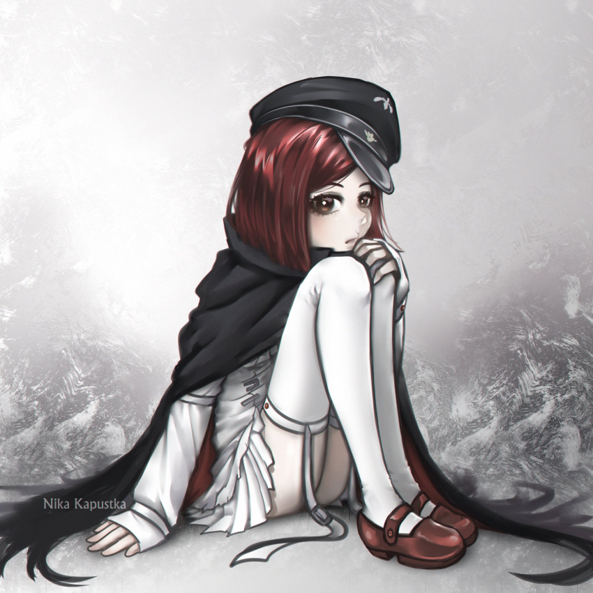 1girl, artist_name, bangs, black_cape, black_headwear, cape, commentary, cosplay