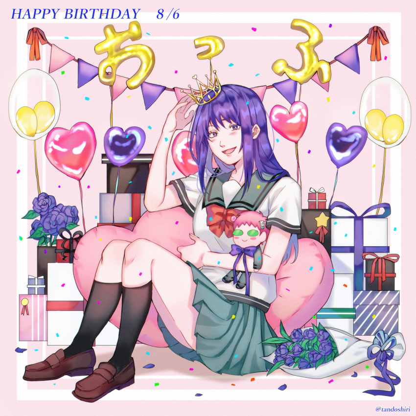 1girl, balloon, blue_flower, blue_hair, blue_rose, cushion, doll, flower