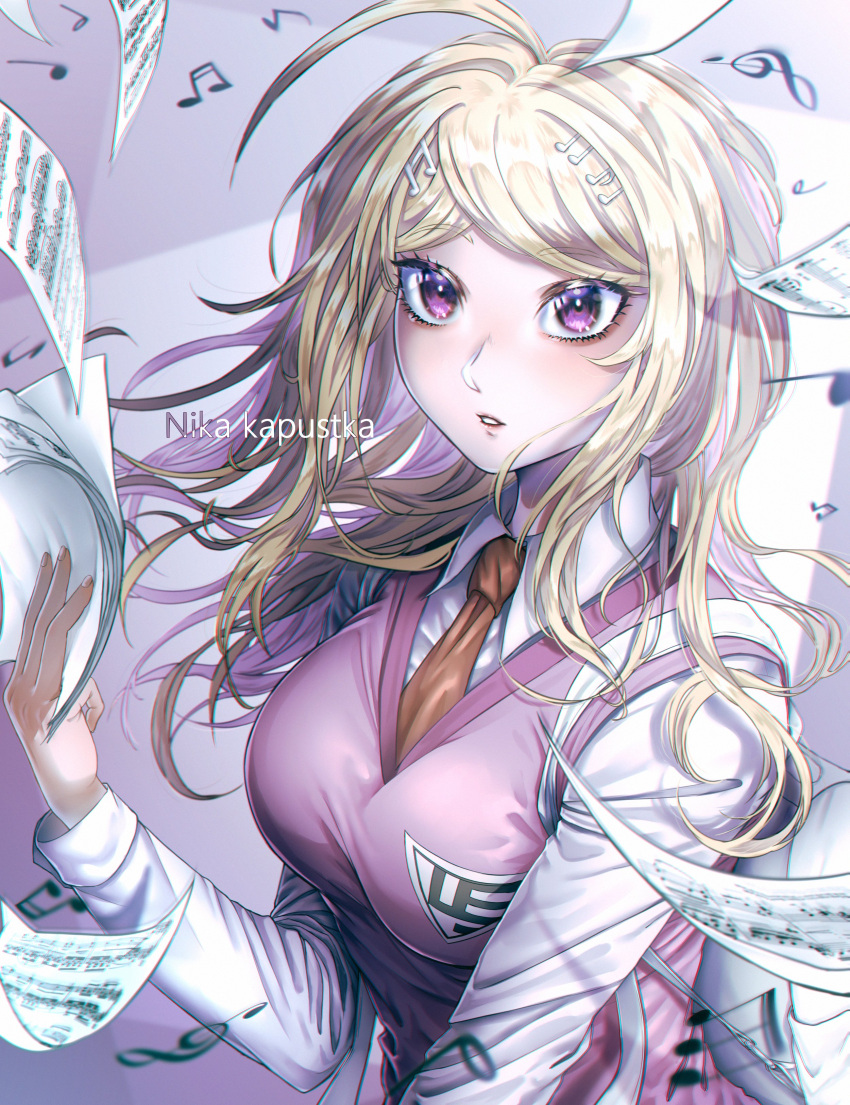 1girl, absurdres, ahoge, akamatsu_kaede, artist_name, bangs, beamed_eighth_notes, blonde_hair