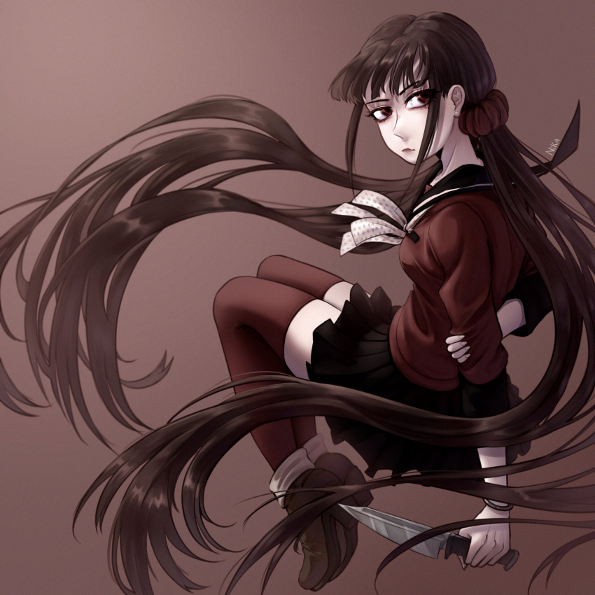 1girl, absurdres, bangs, black_sailor_collar, black_skirt, blunt_bangs, brown_background, brown_footwear