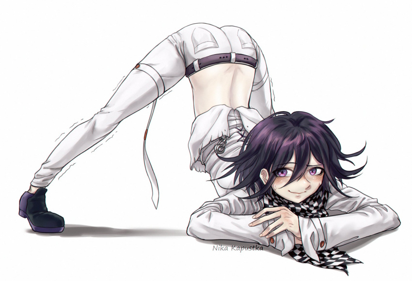 1boy, artist_name, ass, belt, black_belt, black_hair, black_scarf, blush