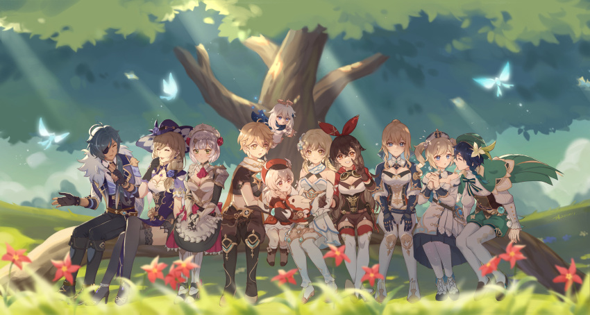 3boys, 6+girls, :d, absurdres, aether_(genshin_impact), amber_(genshin_impact), bangs, barbara_(genshin_impact), blunt_bangs, blurry, commentary_request, depth_of_field, eyebrows_visible_through_hair, genshin_impact, hair_between_eyes, highres, jean_(genshin_impact), kaeya_(genshin_impact), klee_(genshin_impact), lisa_(genshin_impact), long_hair, long_sleeves, looking_at_viewer, lumine_(genshin_impact), multiple_boys, multiple_girls, noelle_(genshin_impact), open_mouth, paimon_(genshin_impact), shixue_shaonu_lao, short_hair, short_sleeves, sidelocks, sitting, smile, tree, tree_shade, venti_(genshin_impact)