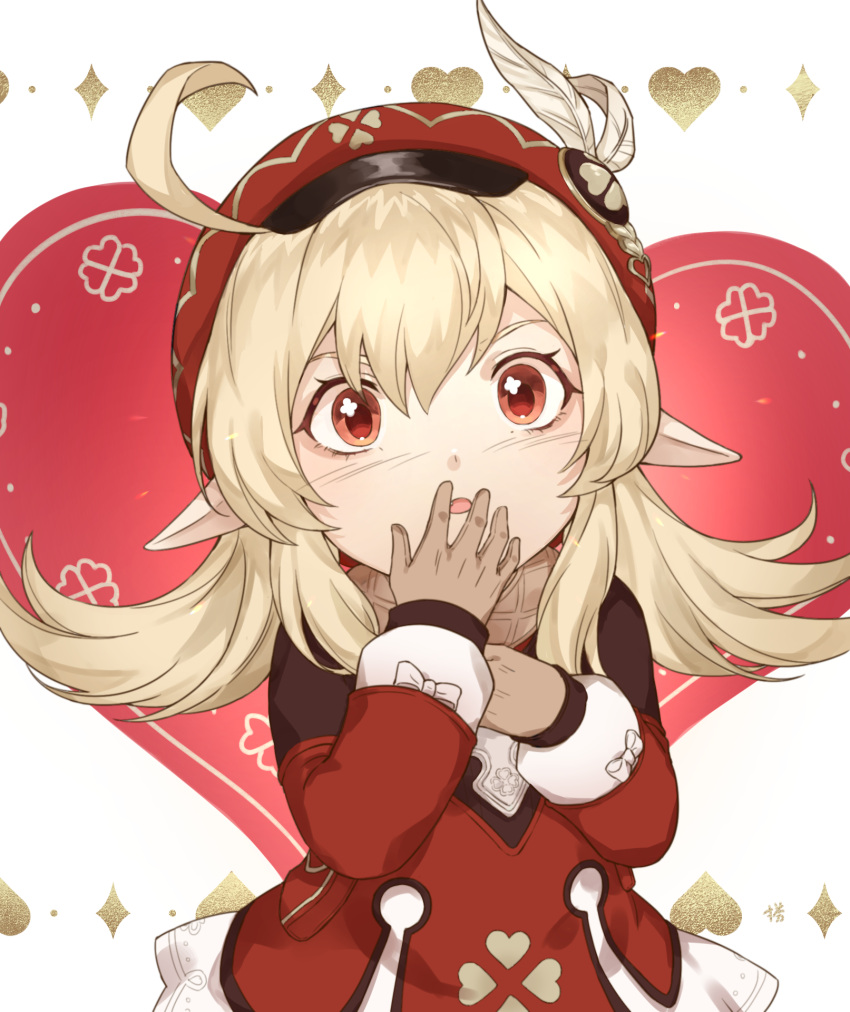 1girl, ahoge, bangs, brown_gloves, brown_scarf, cabbie_hat, clover_print, coat