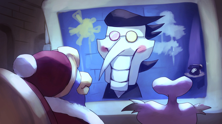 3boys, absurdres, bird, black_hair, brick_wall, colored_skin, crossover, deltarune, escargon, glasses, grin, highres, king_dedede, kirby:_right_back_at_ya, kirby_(series), long_nose, male_focus, monitor, multicolor-tinted_eyewear, multiple_boys, penguin, phone, rotary_phone, round_eyewear, screen_light, shiburingaru, smile, spamton_g._spamton, white_skin