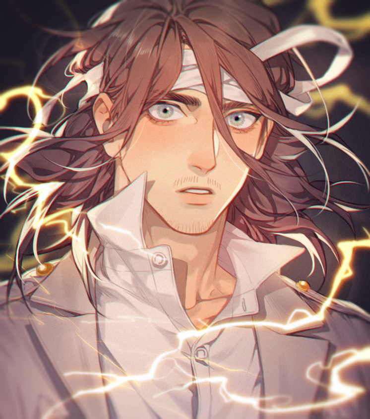 1boy, bandages, brown_hair, cang_fade, coat, collared_shirt, eren_yeager, facial_hair