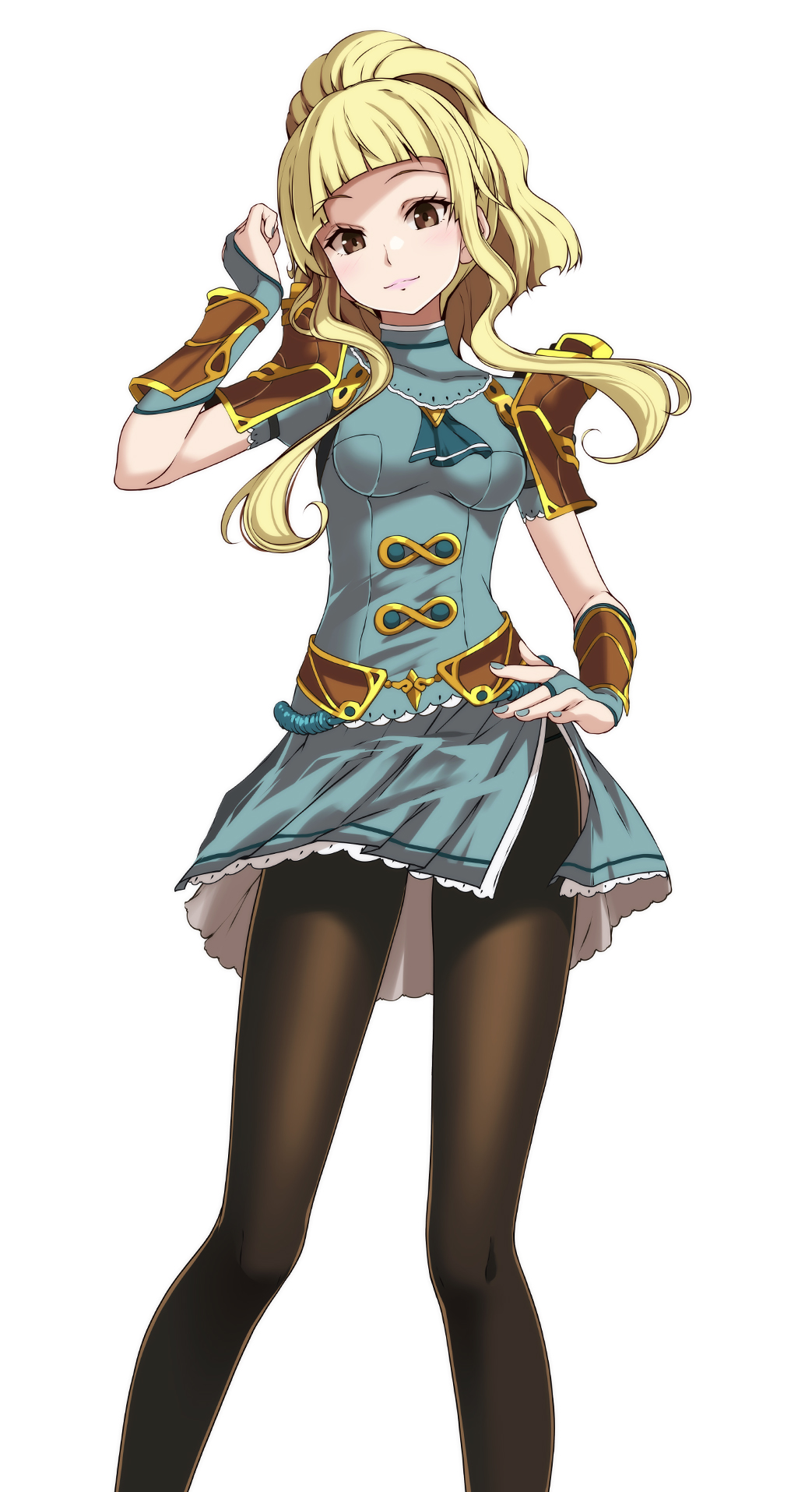 1girl, arm_guards, armor, black_legwear, blonde_hair, blue_nails, brown_eyes, clair_(fire_emblem)
