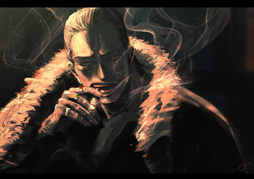 1boy, black_hair, cigarette, dark, fur_coat, hair_slicked_back, highres, jewelry, male_focus, one_piece, ring, scar, scar_on_face, shading, sir_crocodile, smoke, solo, user_rnmw4444, yellow_eyes