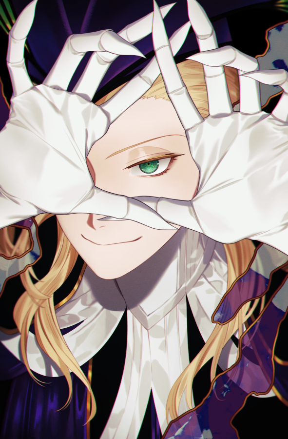 1boy, black_headwear, blonde_hair, butterfly_ornament, claws, curly_hair, eyelashes, fate/grand_order