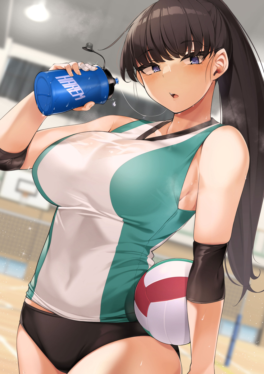 1girl, absurdres, ball, bangs, blue_eyes, bottle, breasts, brown_hair