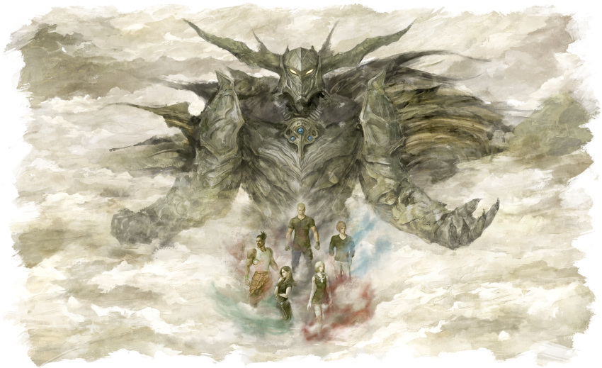 2girls, 4boys, armor, ash_(ffo), beard, cape, dark-skinned_male, dark_skin, facial_hair, fake_horns, final_fantasy, fog, garland_(ff1), glowing, glowing_eyes, highres, horned_headwear, horns, jack_garland, jed_(ffo), multiple_boys, multiple_girls, neon_(ffo), official_art, sailor_collar, short_hair, sleeveless, stranger_of_paradise:_final_fantasy_origin