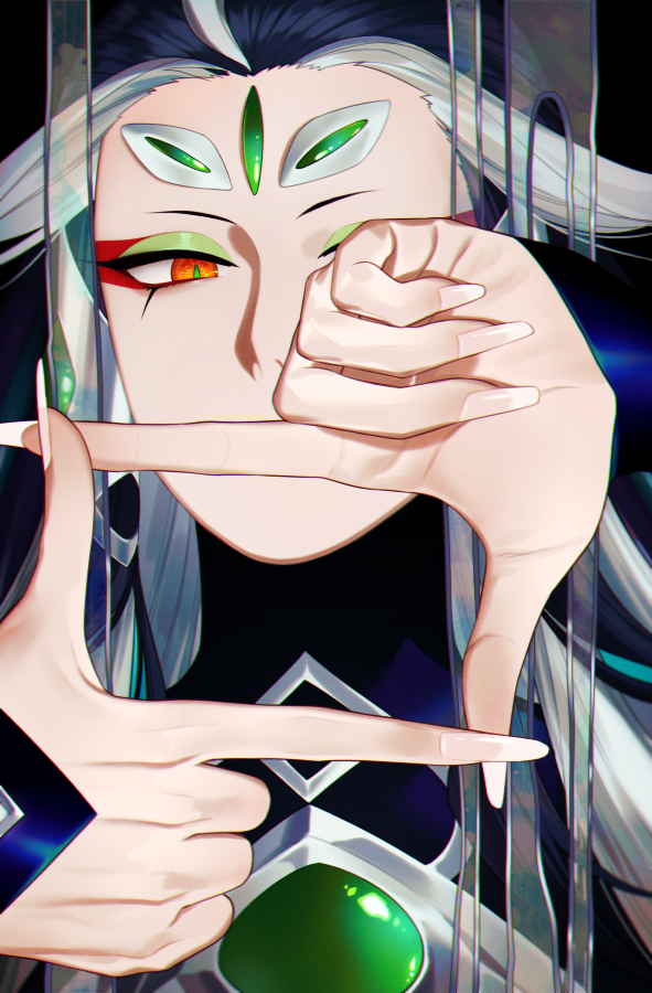 1other, ahoge, blue_hair, eyeshadow, fate/grand_order, fate_(series), forehead_jewel, green_eyes