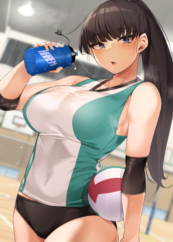 1girl, ball, bangs, blue_eyes, bottle, breasts, brown_hair, commentary_request